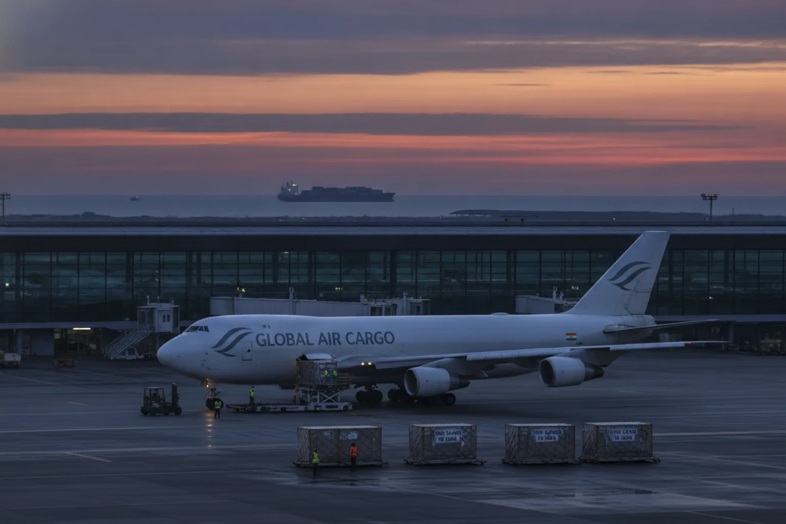 Air freight cargo plane loading shipments for fast delivery to India