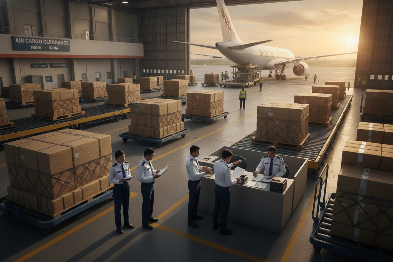 Customs officer inspecting air cargo documents during Indian customs clearance