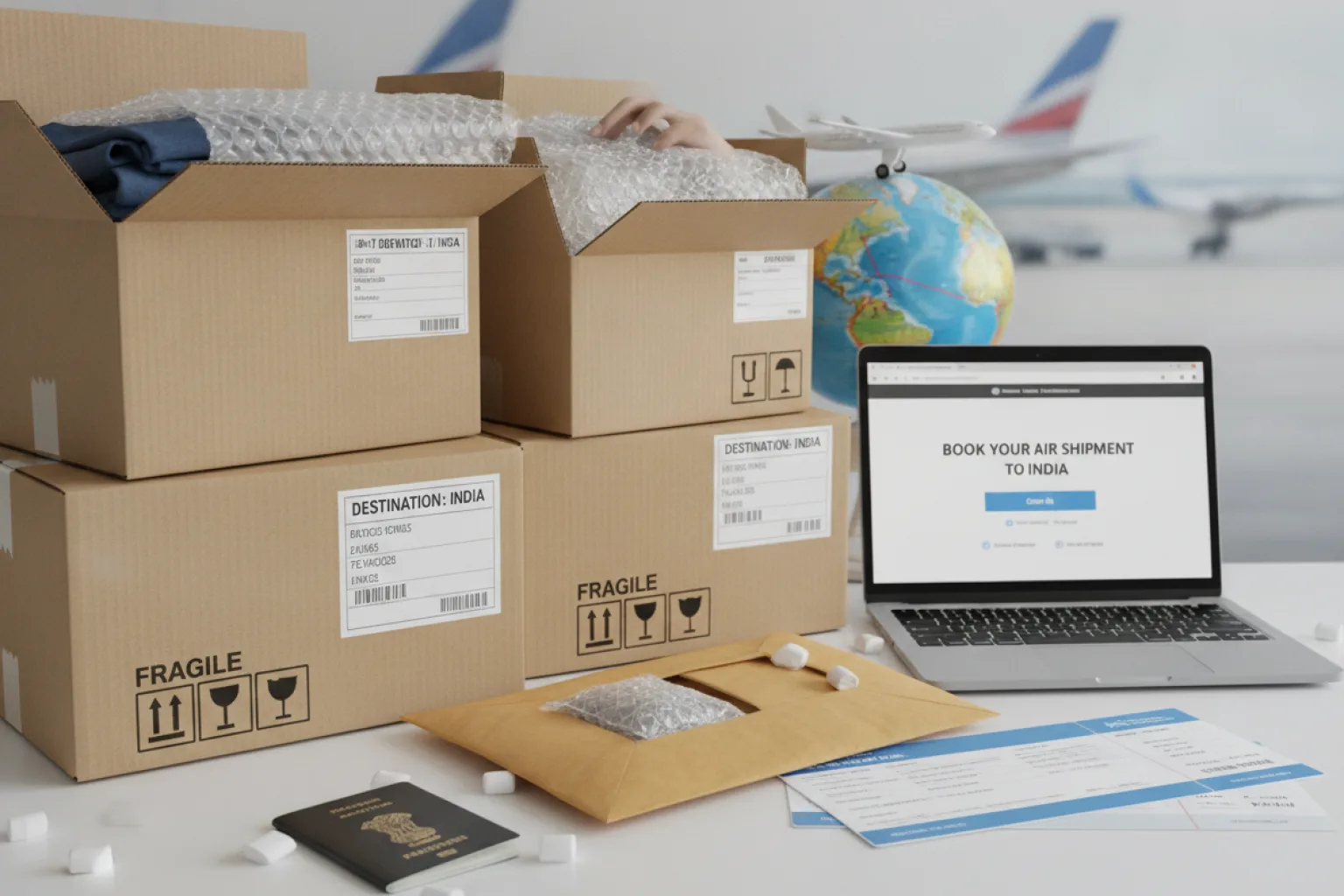Worker packing cargo boxes securely before booking an air shipment to India