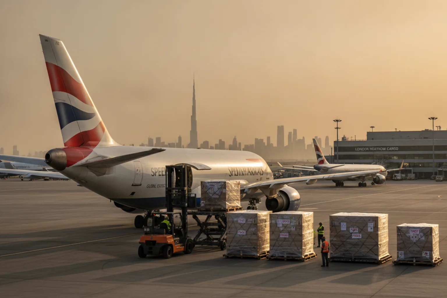 Cargo plane loading parcels for air freight from the UK to the UAE